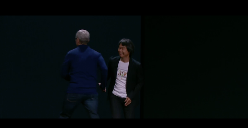 Shigeru Miyamoto on stage at Apple's event.