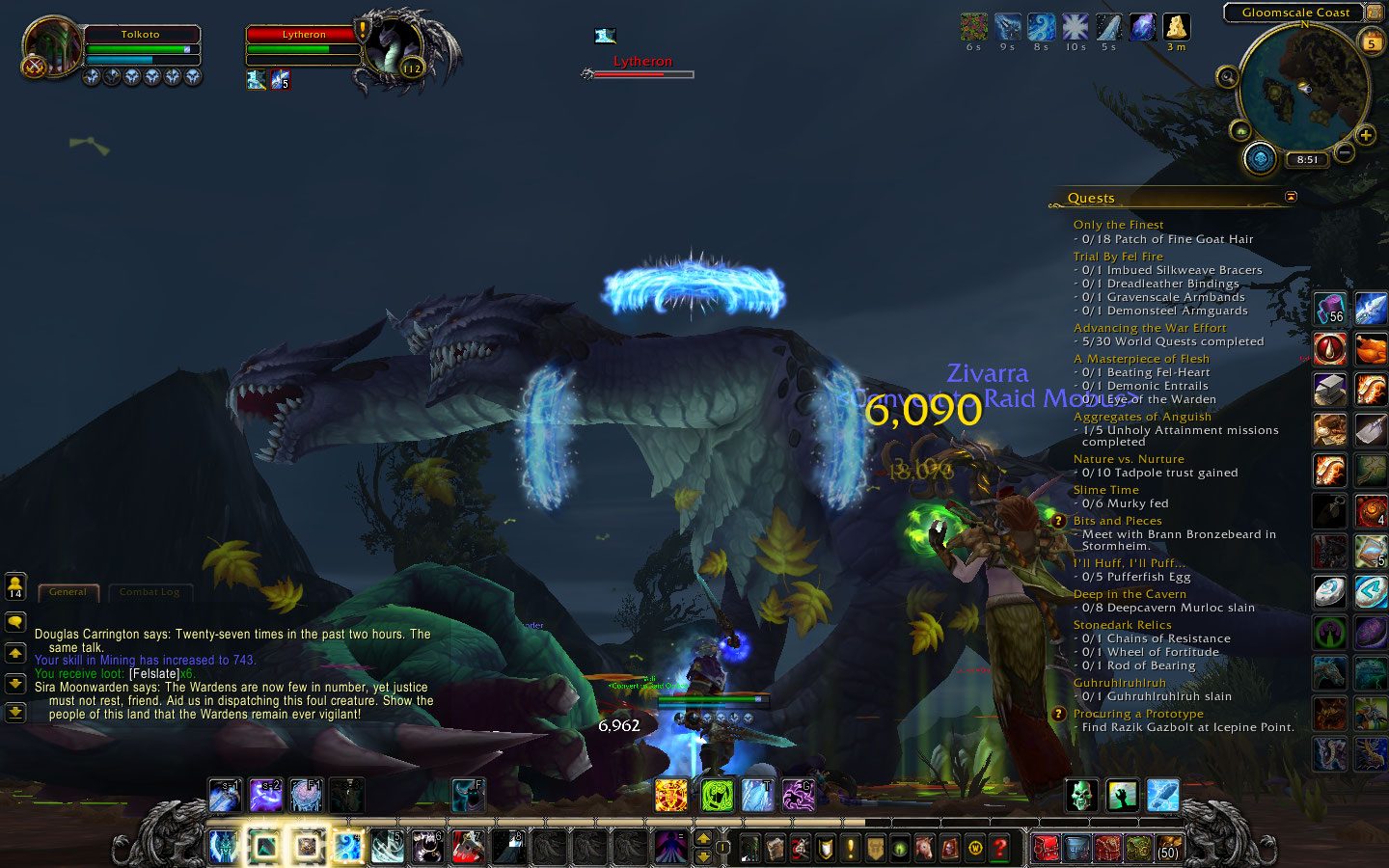 Fighting a dragon as part of a world quest.