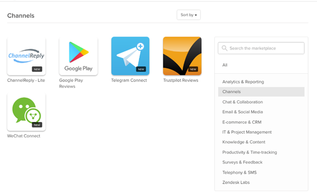 Screenshot of the channels section of the Zendesk Apps Marketplace