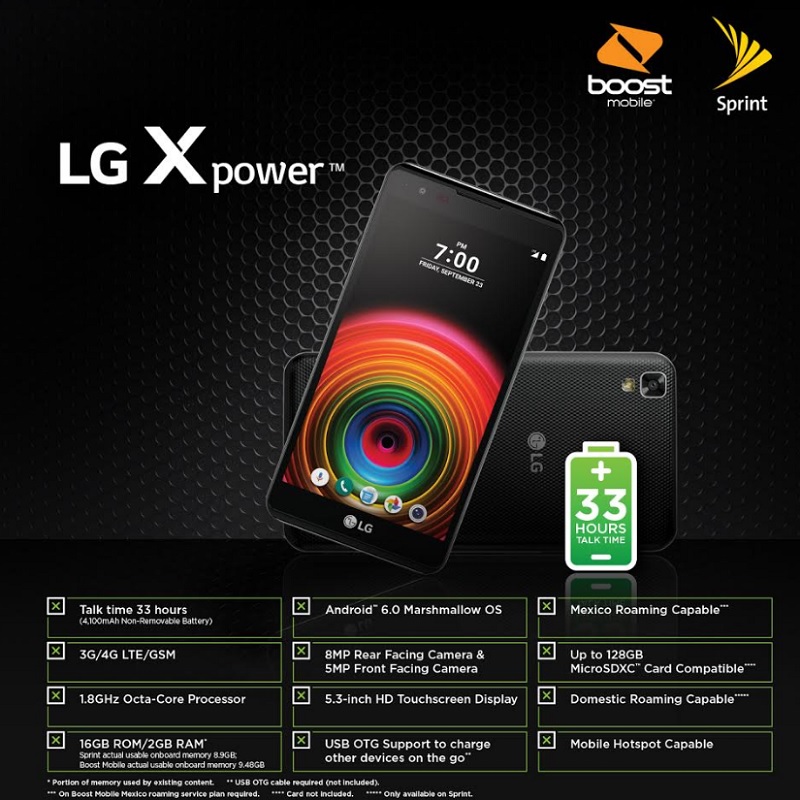 Specs on the Sprint and Boost Mobile LG X power smartphone with MediaTek chips.