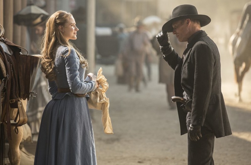 Evan Rachel Wood as Dolores and Ed Harris as the Gunslinger in Westworld.