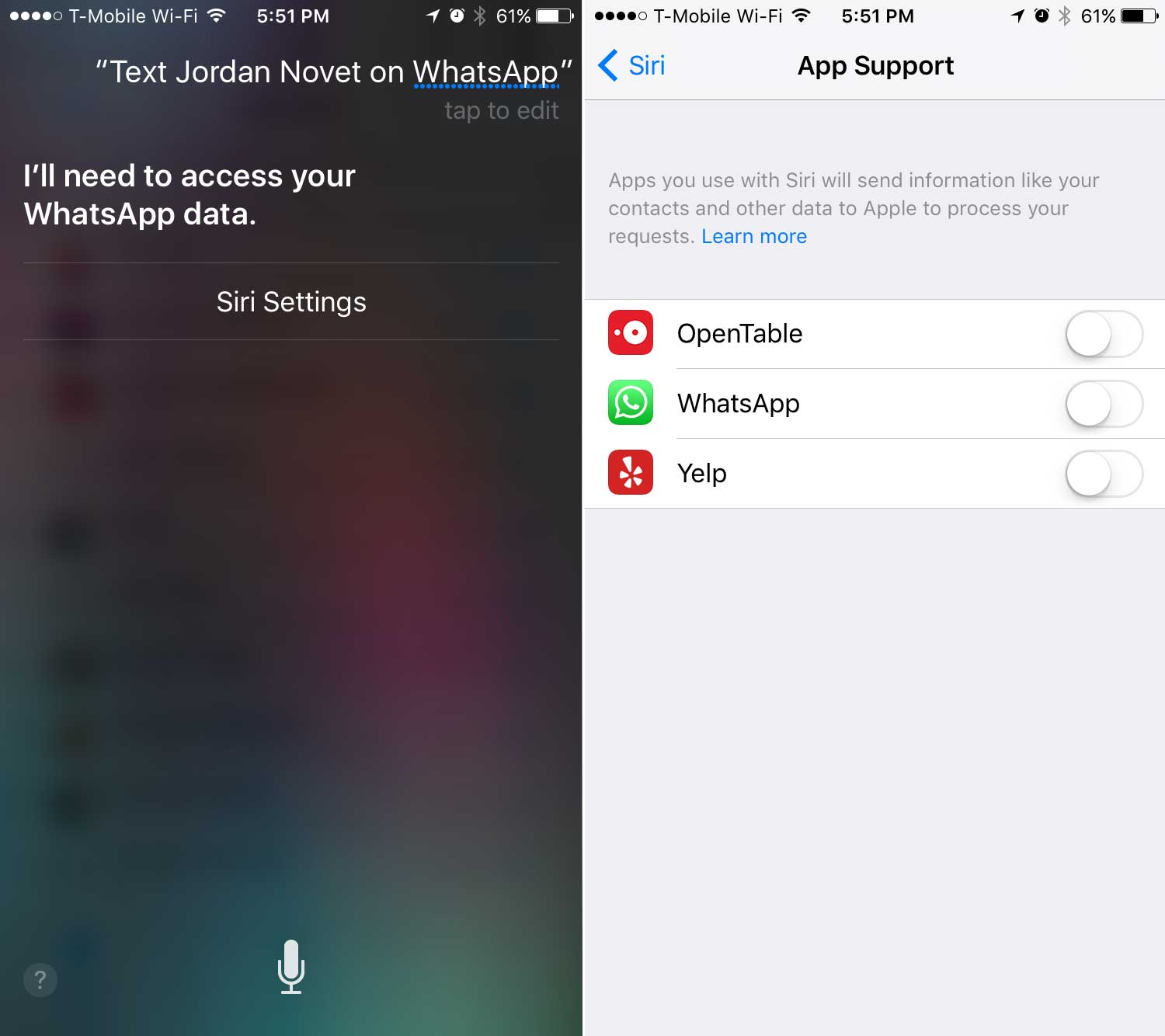 Accessing Siri to send messages and make voice calls in WhatsApp.