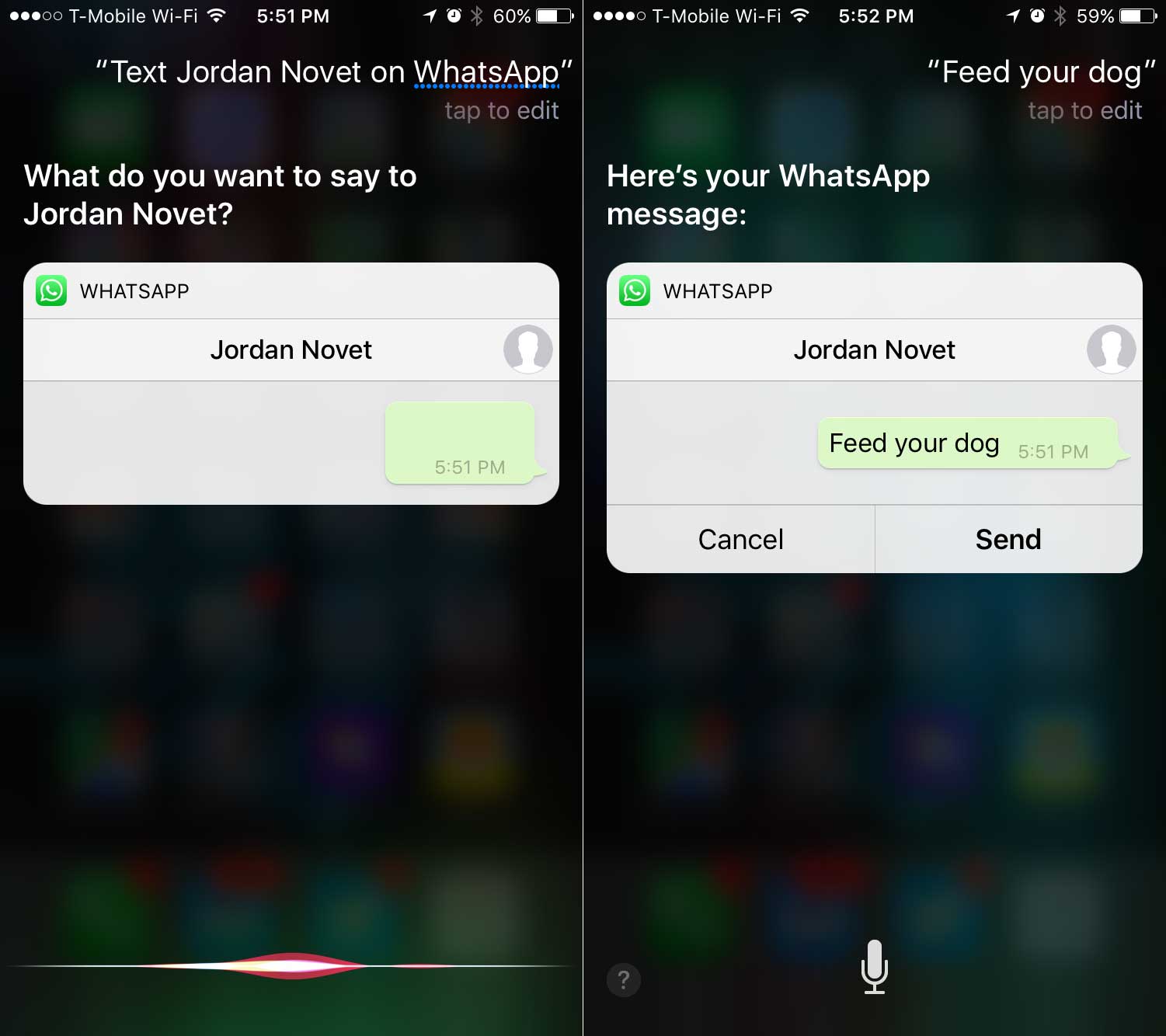 Using Siri to compose a message in WhatsApp's iOS 10 app.