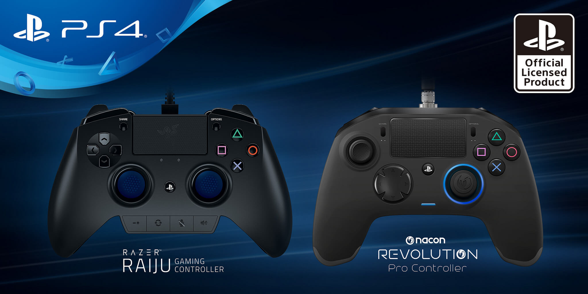 PlayStation 4 Razer and Nacon controllers.