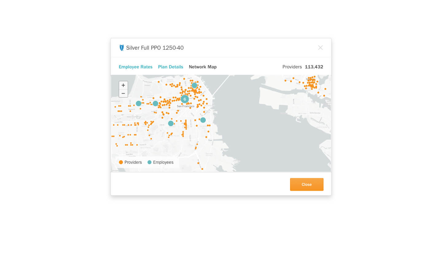 Zenefits includes a network coverage map so administrators can see whether employees are covered by benefit plans.