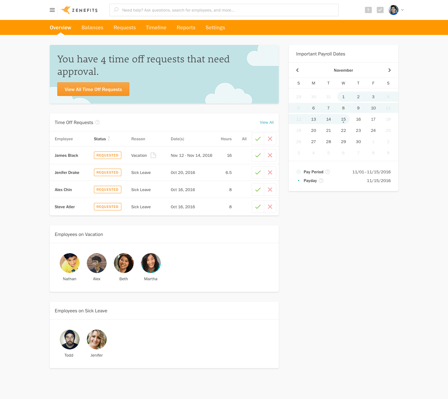 Zenefits Payroll dashboard showing time off for an employee.