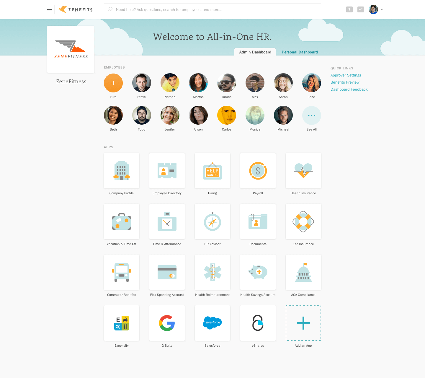 Dashboard in Zenefits' Z2 app marketplace, showing installed integrations and employee profiles.