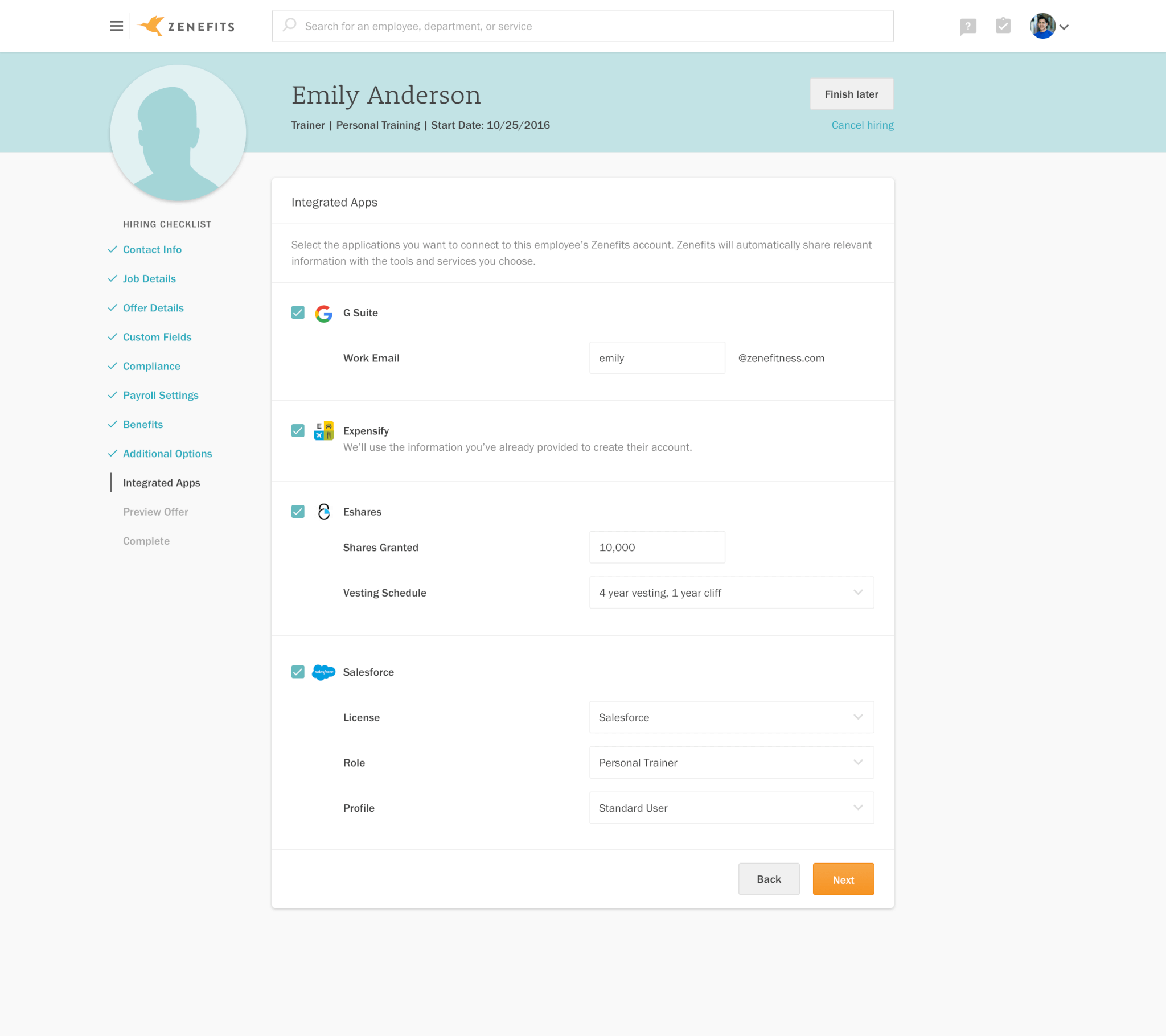 Example of hiring app integration with Zenefits' Z2 app marketplace.