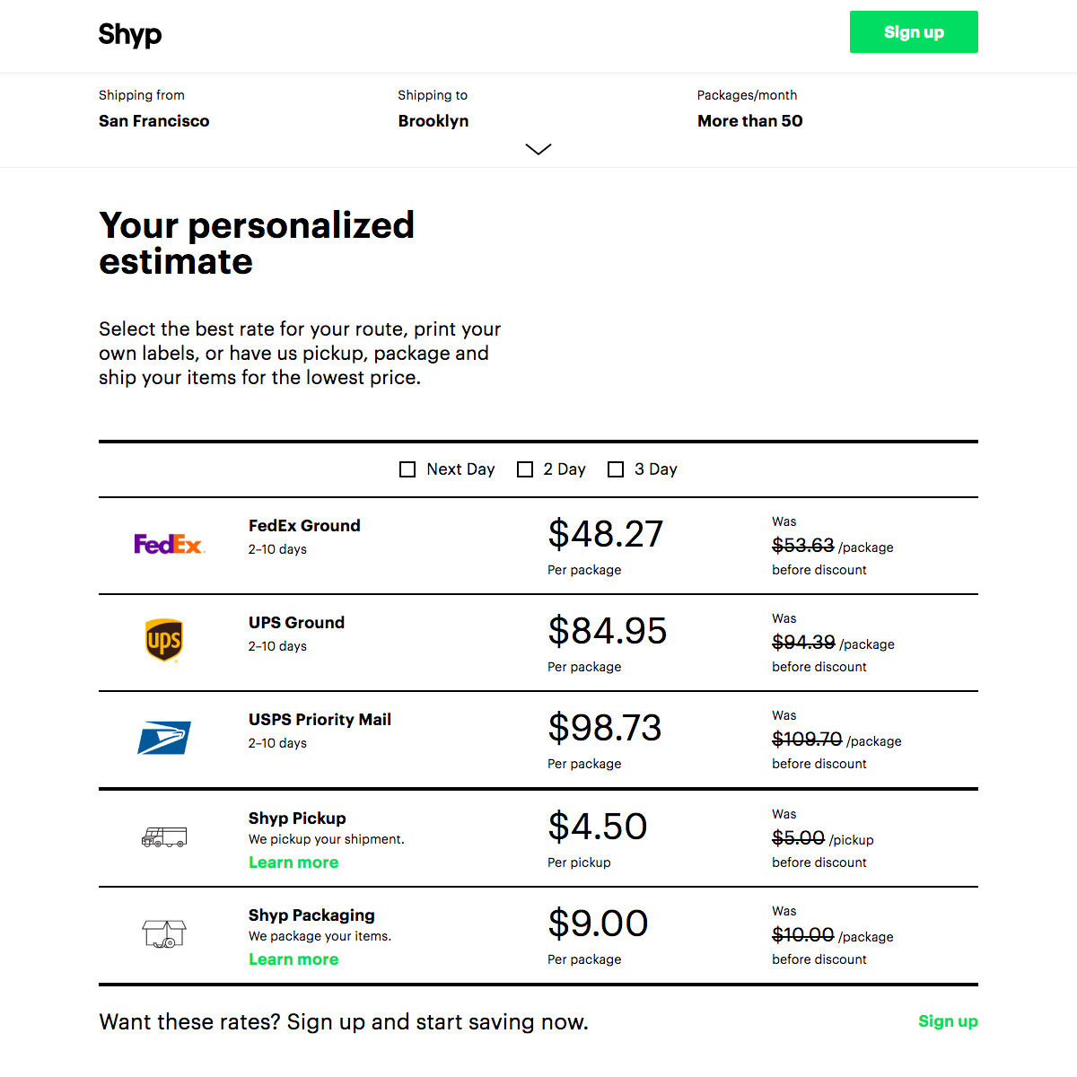 Example comparing carrier pricing of a shipment between San Francisco and New York.