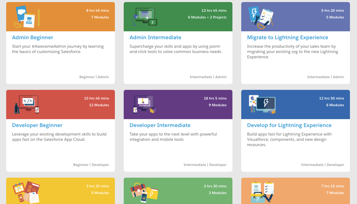 Examples of Trailhead courses.