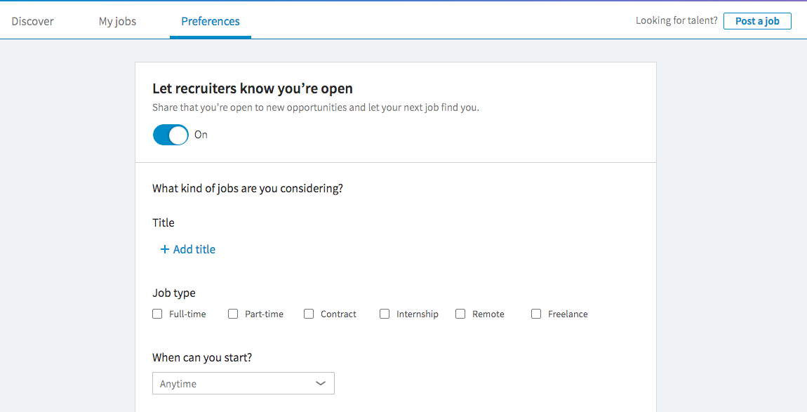 LinkedIn's Open Candidate setting