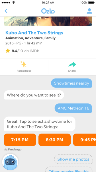 Ozlo app displays movie showtimes