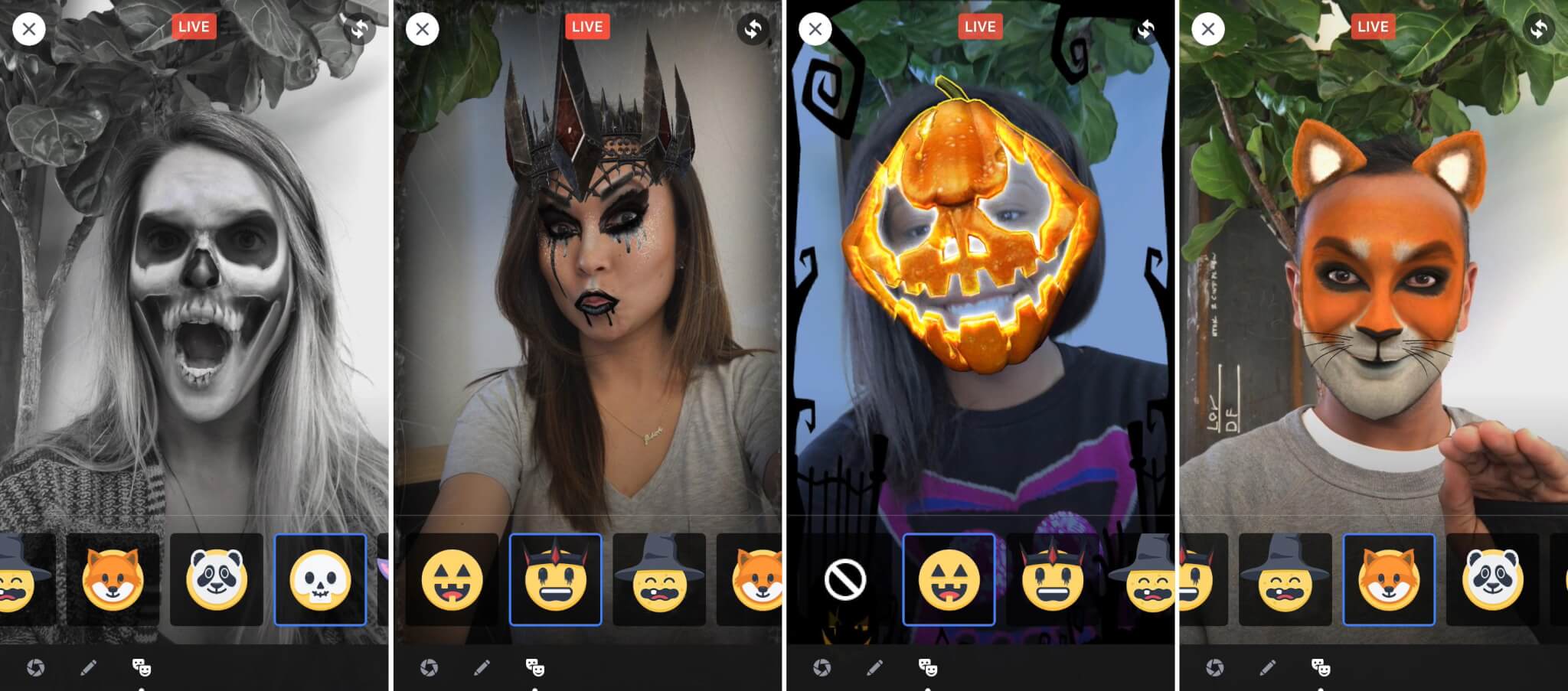 Examples of Snapchat-like lenses for Halloween that can be affixed to Facebook Live broadcasts.