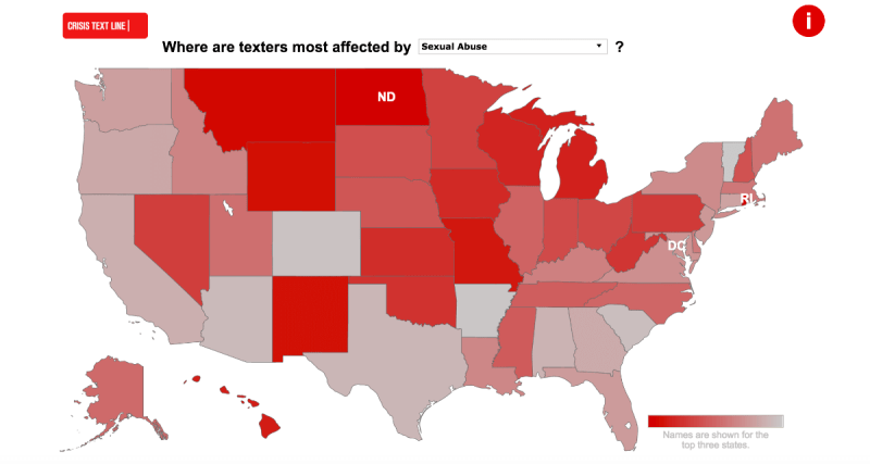 A map of concentration of messages received from people with a need to talk about sexual abuse