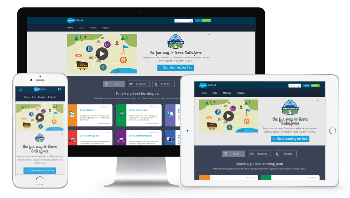 Salesforce Trailhead courses can be taken on desktop, mobile, and tablet devices.