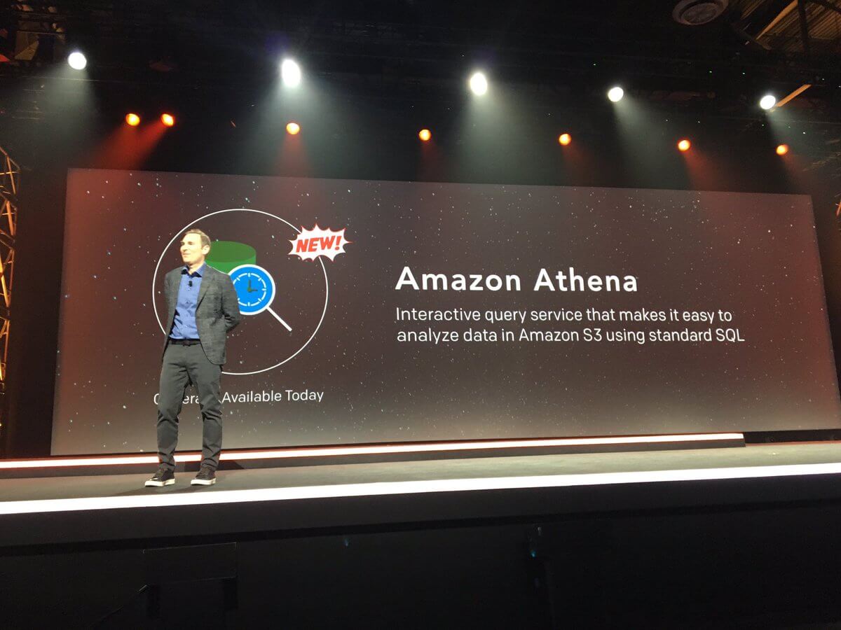 AWS chief executive Andy Jassy introduces Amazon Athena at the AWS re:Invent conference in Las Vegas on November 30, 2016.