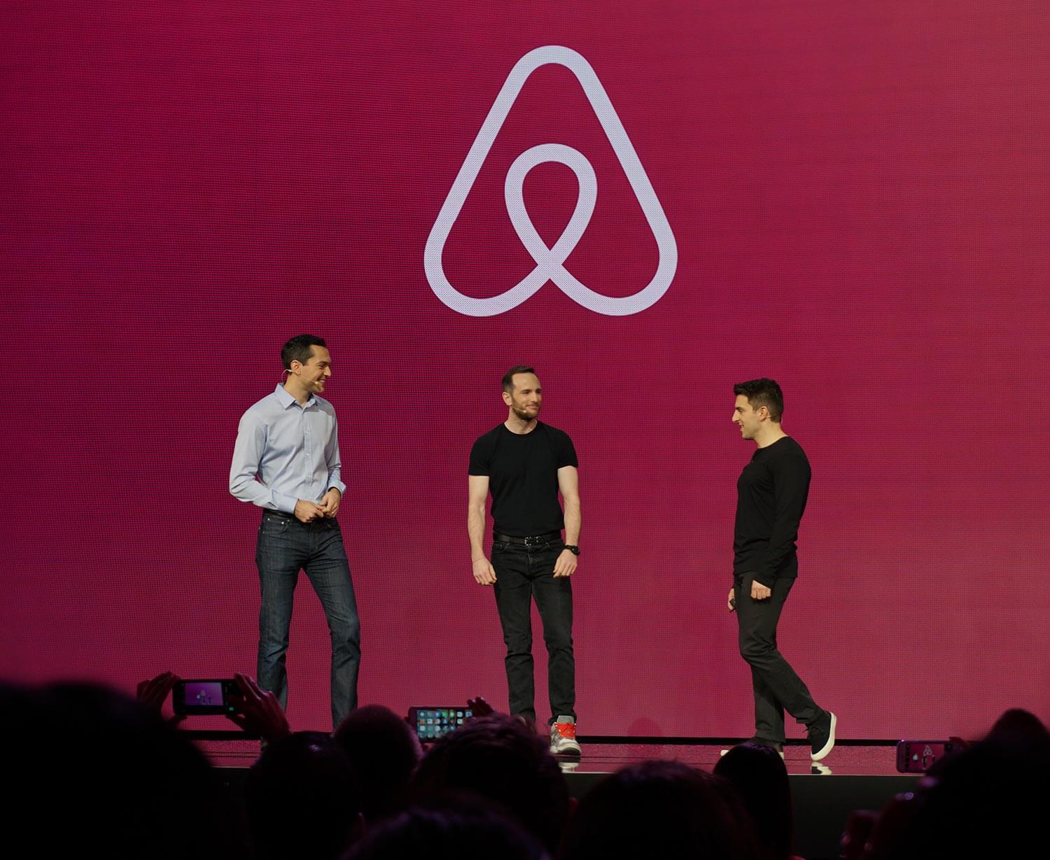 Airbnb cofounders appeared on stage at the company's host-centric conference on November 17, 2016.