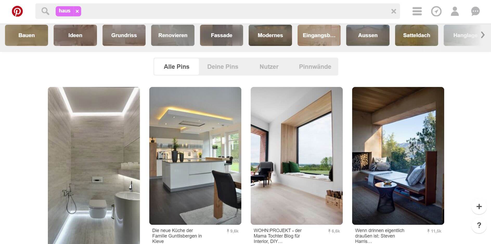 Pinterest as it appears in Germany when a user has selected German as their language.