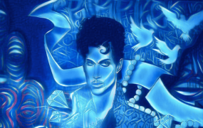 A mural of Prince aka The Purple One modified with the Ice filter using the Icon8 Telegram bot. 