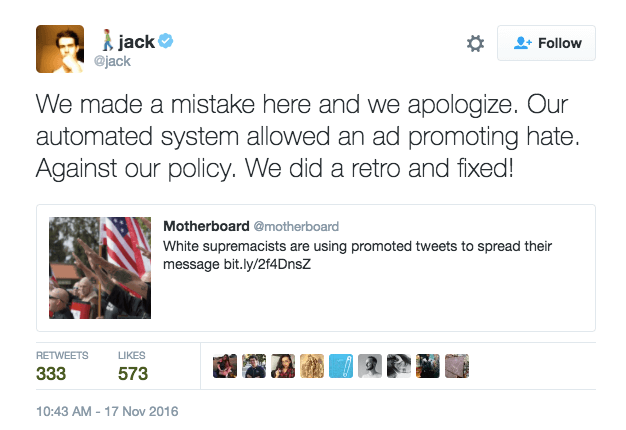 Jack Dorsey tweet apologizing for white supremacist ads appearing on Twitter.