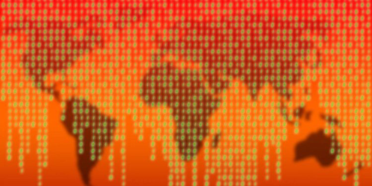 cybersecurity warfare attack danger threat orange cyber overlay on map of world