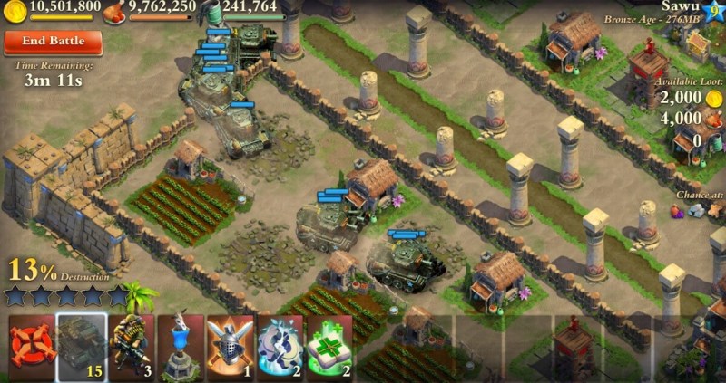 Tanks roll through a town in DomiNations Atomic Age update.