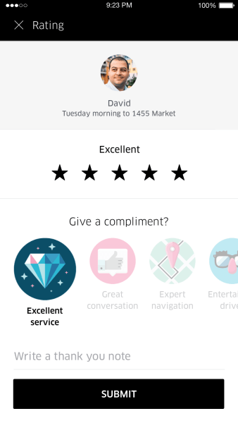 Providing compliments to drivers in Uber app.