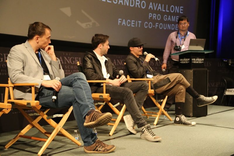 (Left to right) Michael Blicharz, vice president of pro gaming at ESL; Allesandro Avallone, cofounder of Faceit; Rod Chong, Slightly Mad Studios; and Dean Takahashi of GamesBeat.