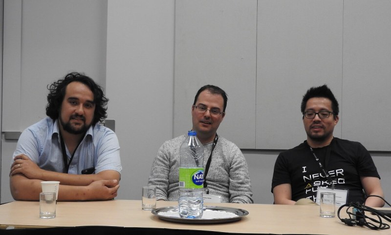 MIGS 2016 panelists: Sebastian Alvarado (left) of Thwacke, Jonathan Morin of Ubisoft Montreal, and Andre Vu of Eidos Montreal.