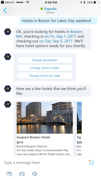 Expedia bot on Skype iOS app