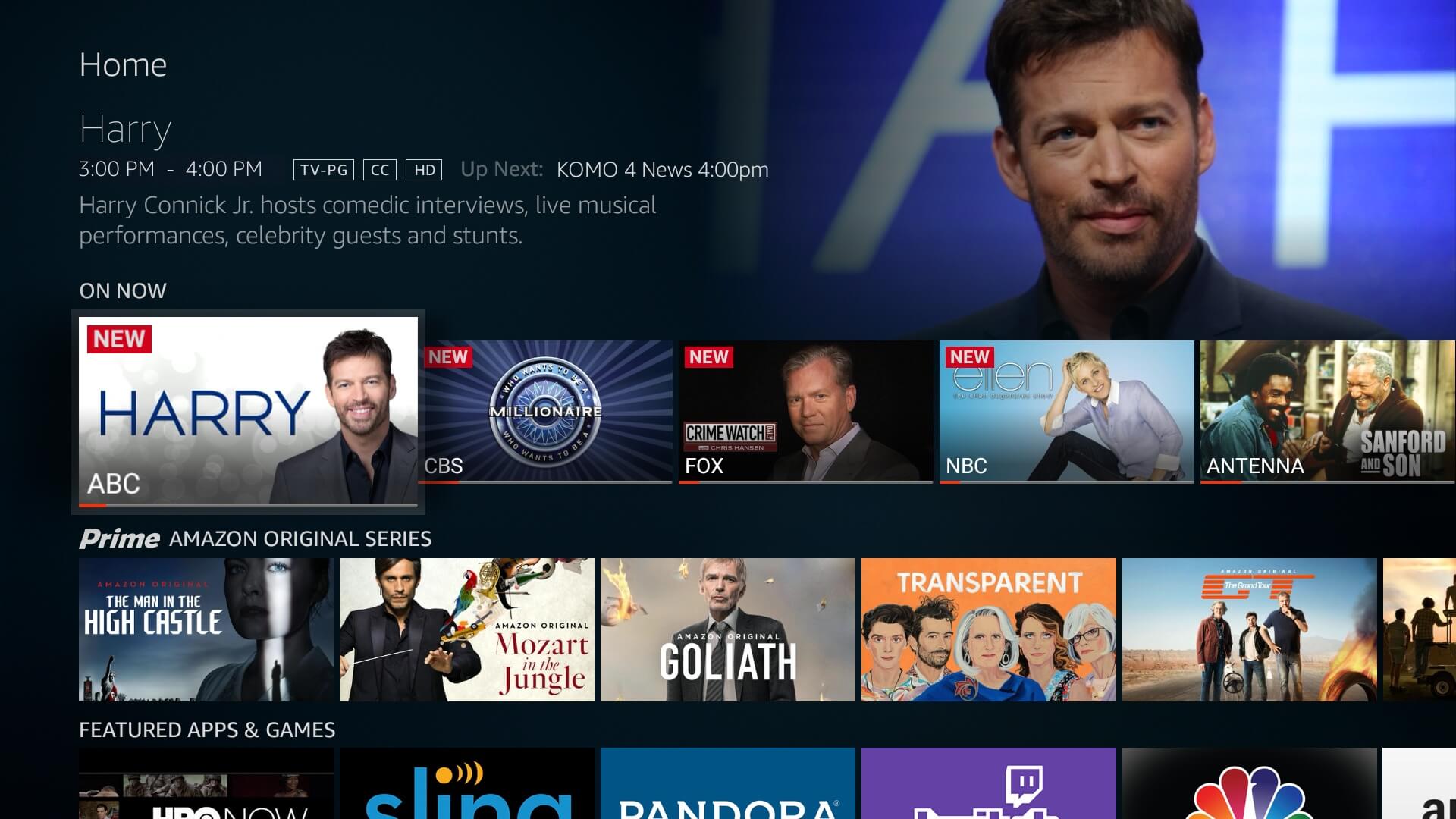 The live TV guide on the Westinghouse 4k UHD Smart TV - Amazon Fire TV edition.