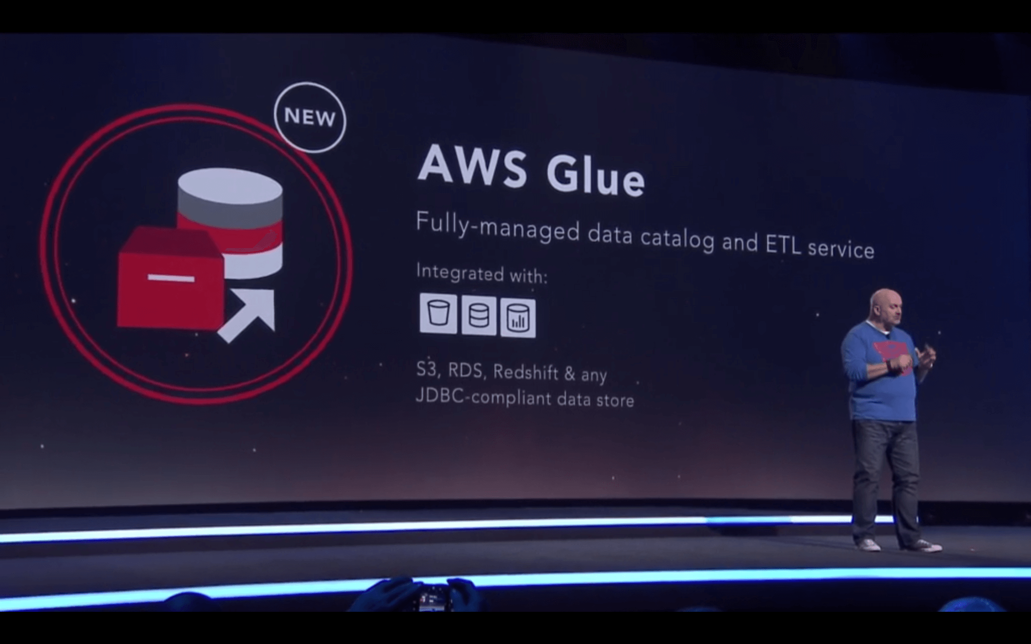 Amazon vice president and chief technology officer Werner Vogels introduces the AWS Glue service at the AWS re:Invent conference in Las Vegas on December 1, 2016.