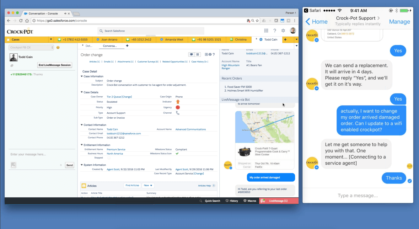 Salesforce LiveMessage in action: What the customer inputs and what a brand sees within the Service Cloud.