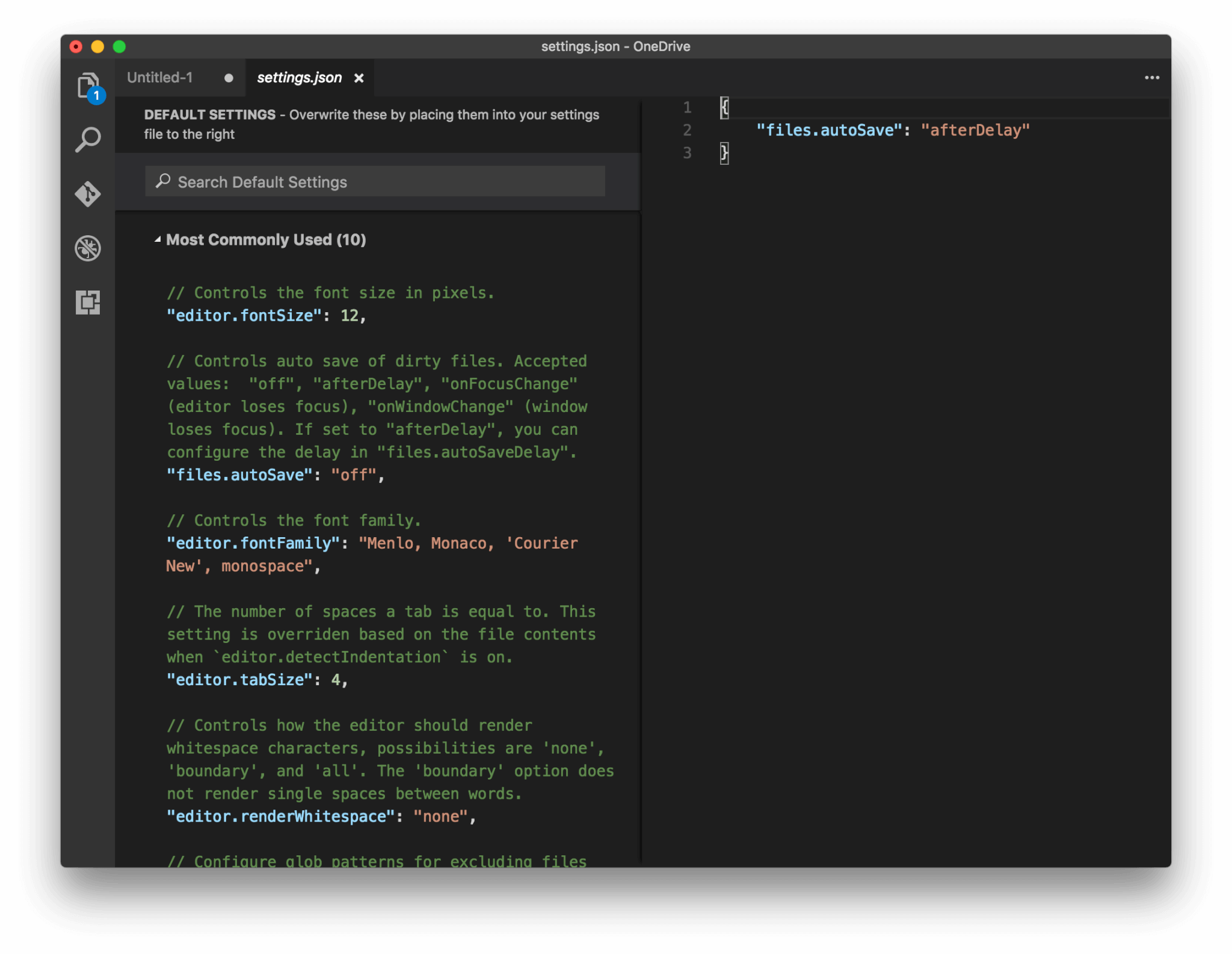 The new search box in settings for Visual Studio Code.