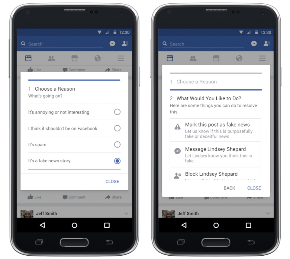 How to report a fake story to Facebook for third-party verification.