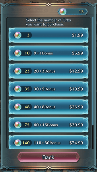 The pricing breakdown for Orbs in Fire Emblem: Heroes.