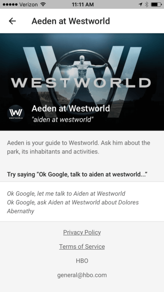 Aeden at Westworld Google Home app screenshot
