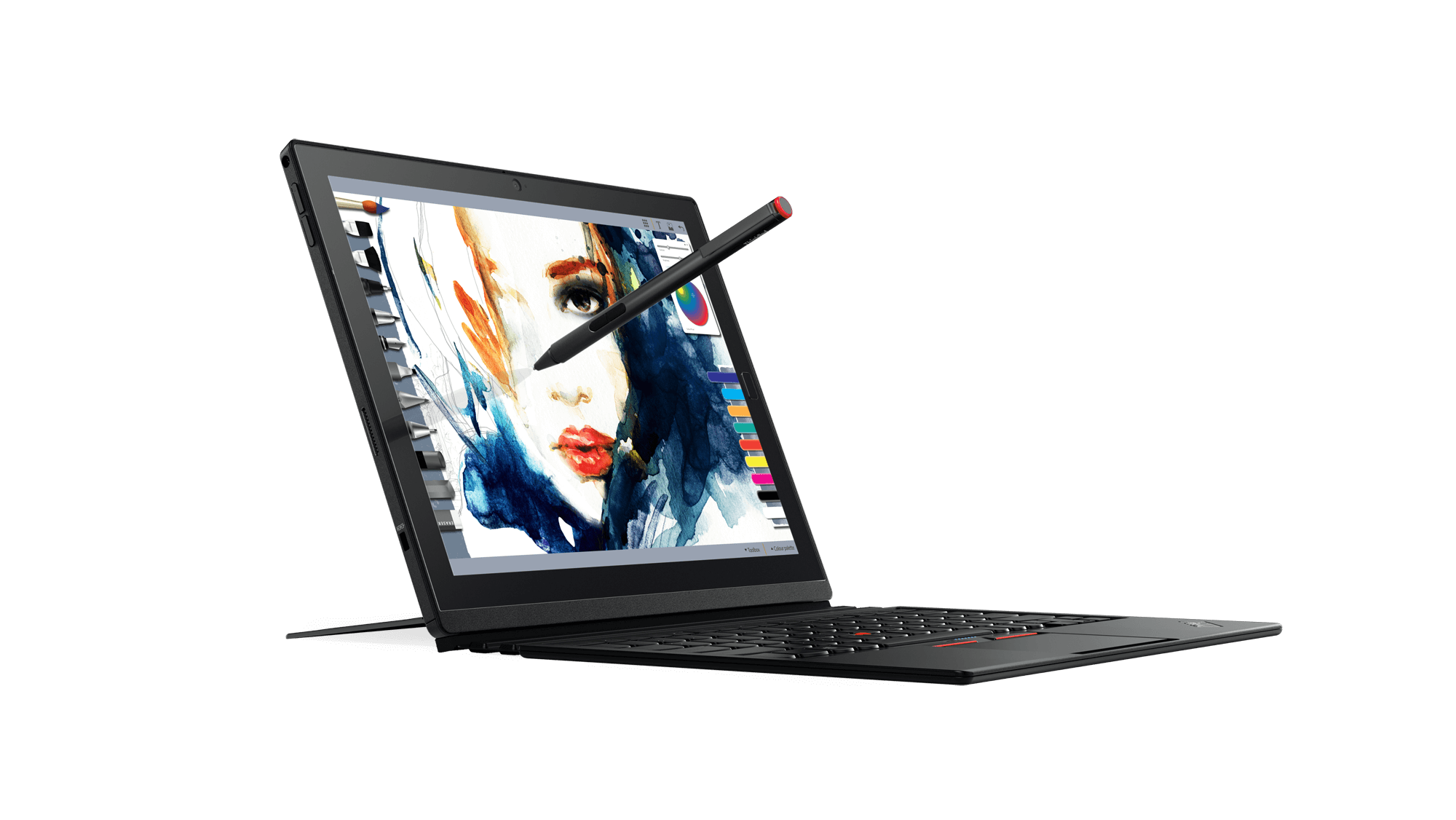 Lenovo's ThinkPad X1 Tablet with keyboard attached and pen on hand.