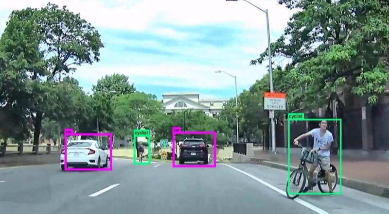 Car on Massachusetts Avenue in Cambridge, Massachusetts, automatically identifies pedestrians, cars, cyclists and trucks in the scene. 