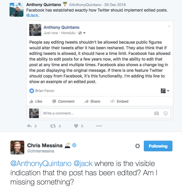 Screenshot Twitter conversation between Anthony Quintano and Chris Messina about the missing Facebook edit tag.