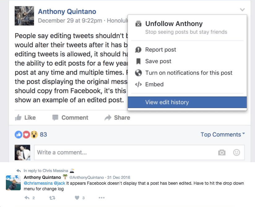 Where to find the edit history link for Facebook posts.