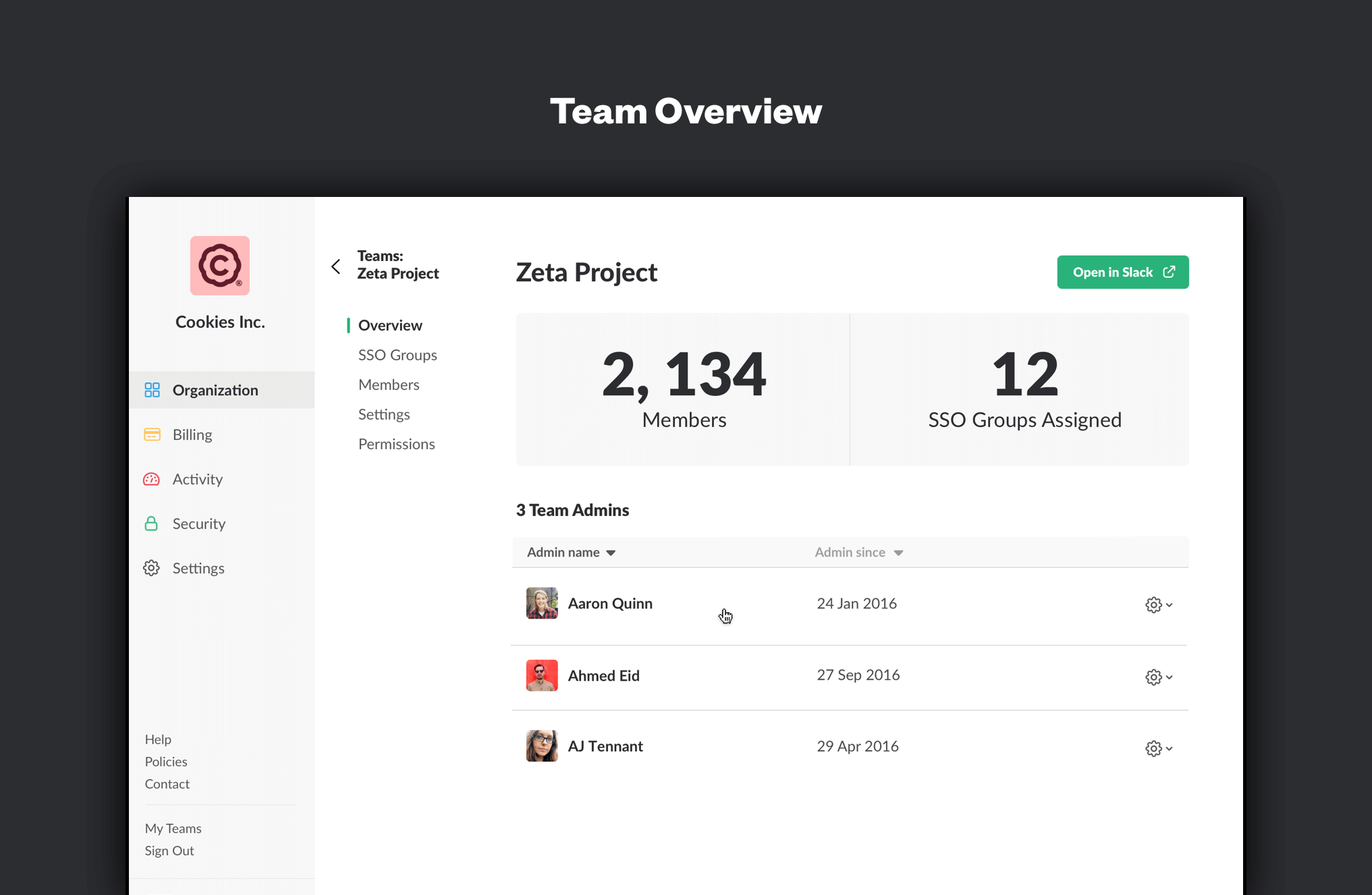 Showcasing team overviews within Slack's Enterprise Grid.