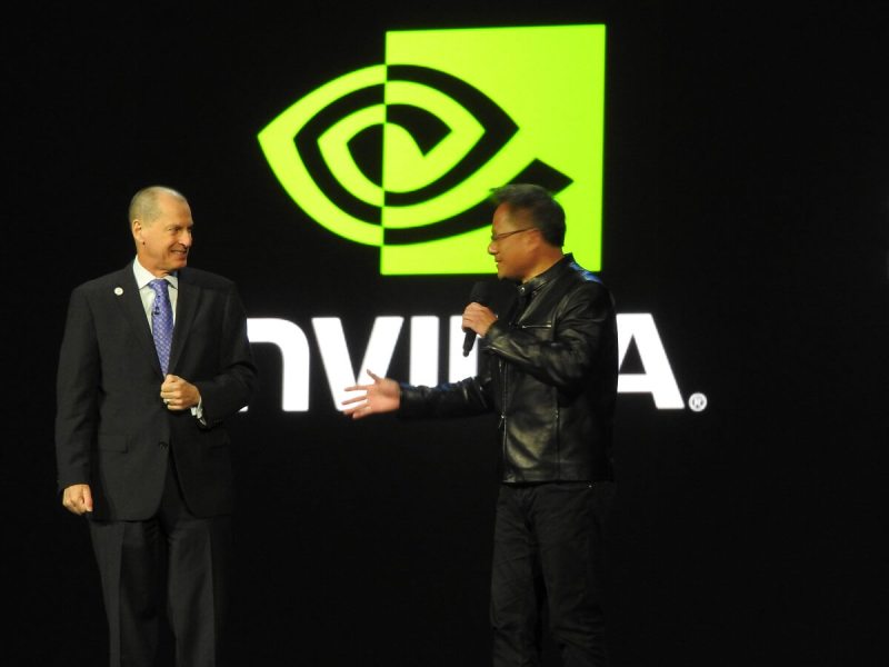 Gary Shapiro of CTA on stage with Jen-Hsun Huang of Nvidia at CES 2017.