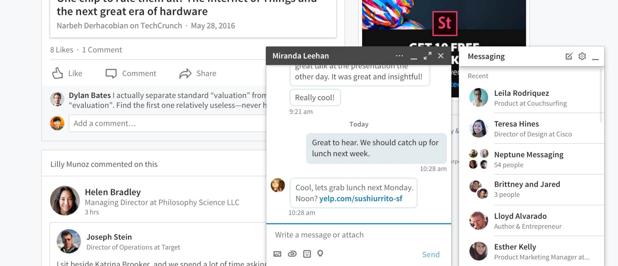 In-line messaging as shown in LinkedIn's redesigned desktop app (2017).