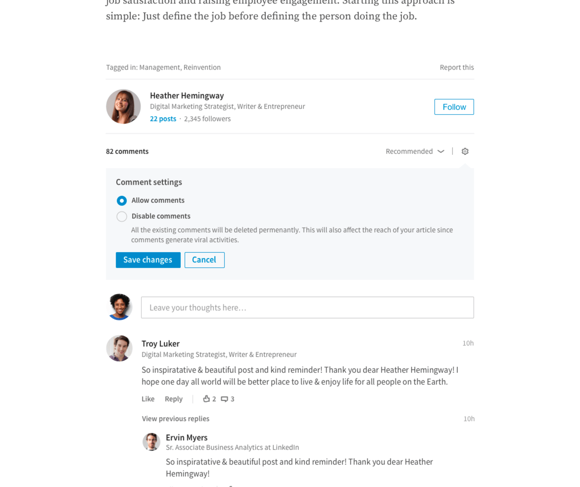 LinkedIn now lets you disable comments from appearing in long-form articles.