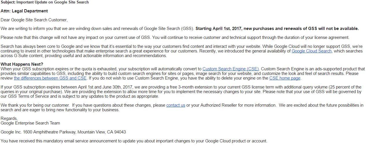 The email Google sent to customers today.