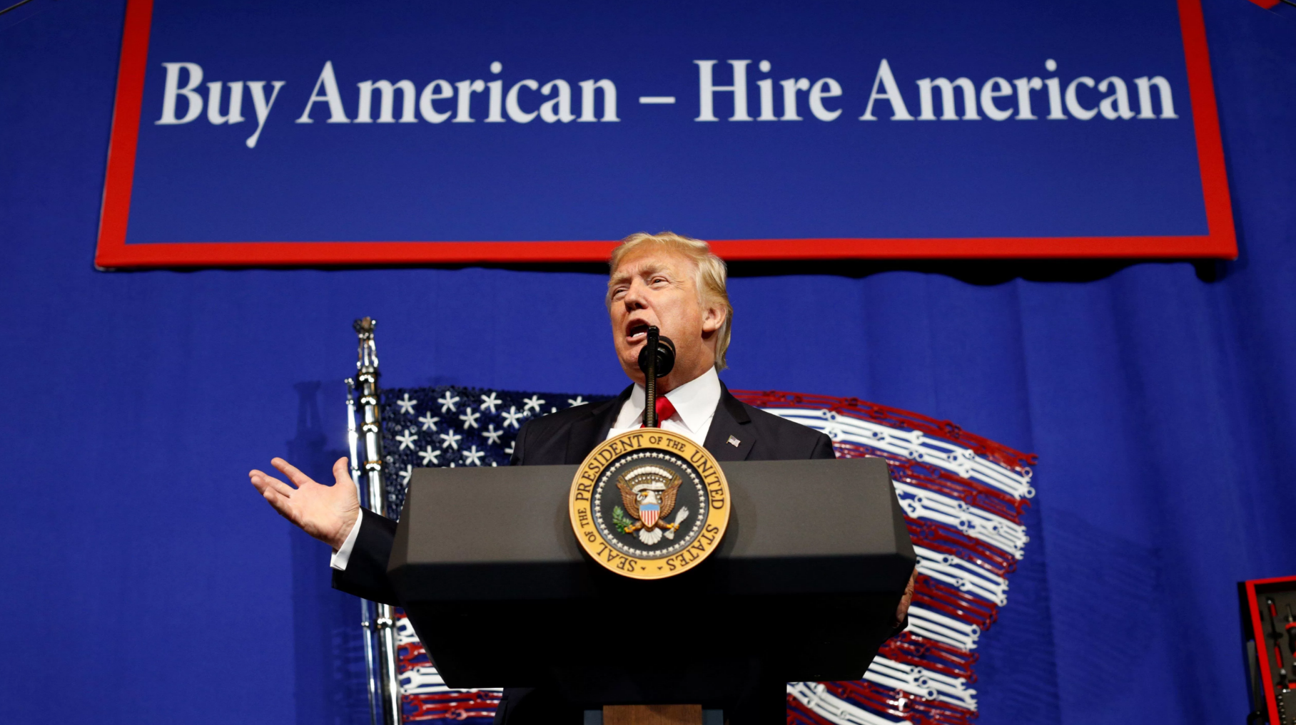 This photo shows U.S. President Donald Trump speaks before signing an executive order directing federal agencies to recommend changes to a temporary visa program used to bring foreign workers to the United States to fill high-skilled jobs during a visit to the world headquarters of Snap-On Inc, a tool manufacturer, in Kenosha, Wisconsin, U.S., April 18, 2017. 