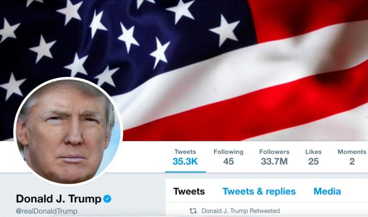 This image shows The masthead of U.S. President Donald Trump's @realDonaldTrump Twitter account is seen on July 11, 2017.