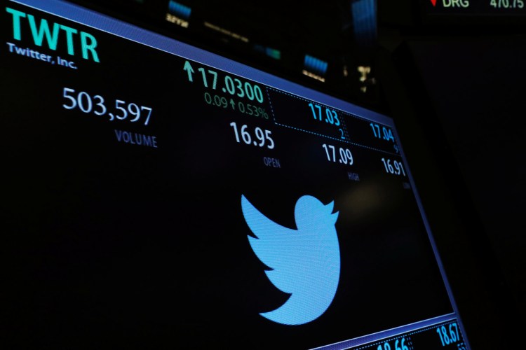 A screen displays the stock price of Twitter above the floor of the New York Stock Exchange (NYSE) shortly after the opening bell in New York, U.S., January 31, 2017. 