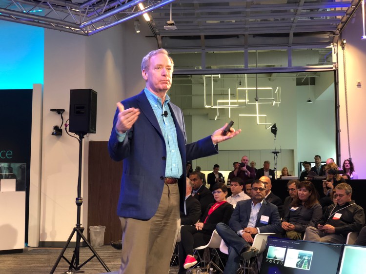 Microsoft president and chief legal officer Brad Smith speaks at a press conference in San Francisco on April 16, 2018.
